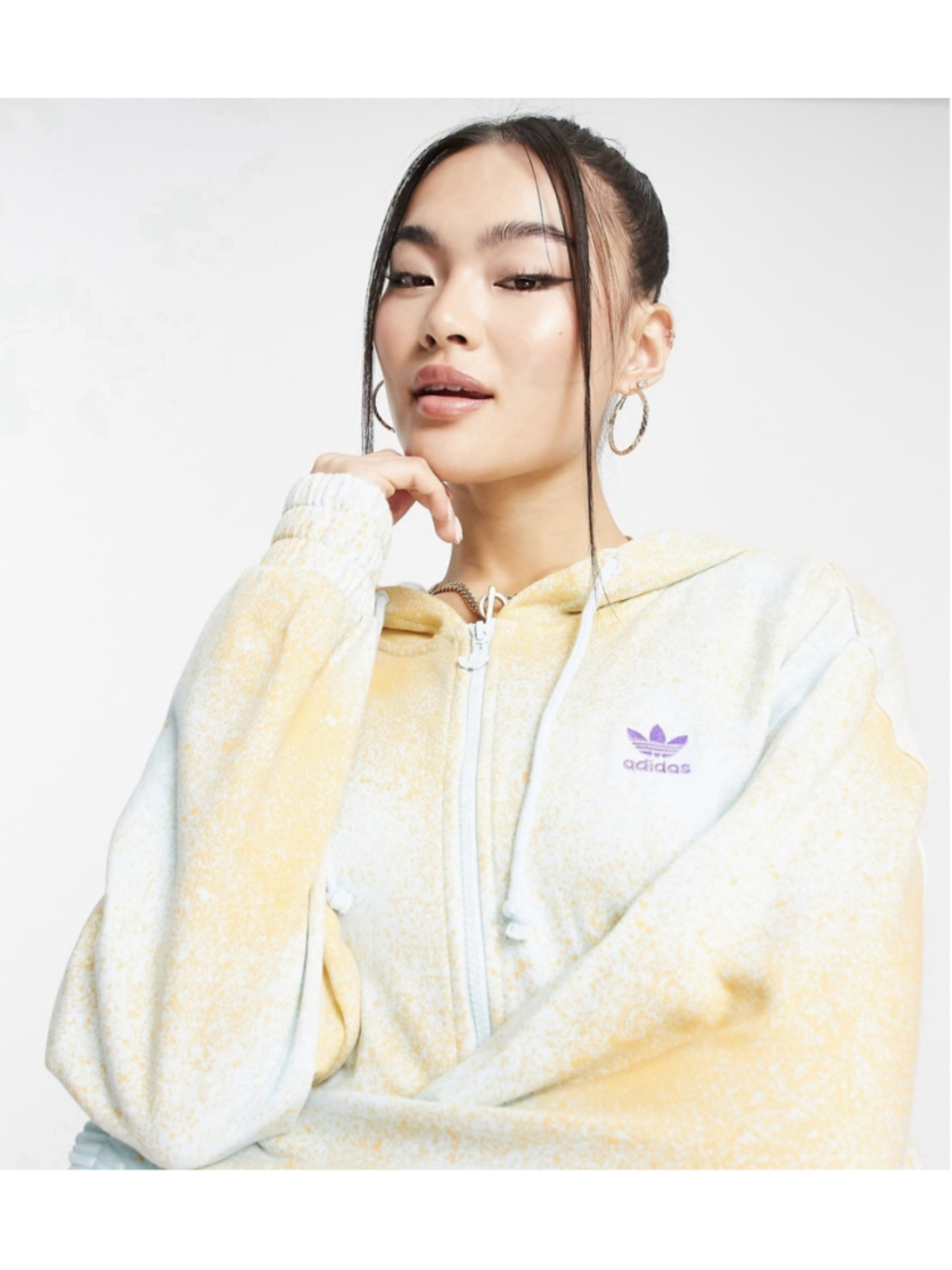 Adidas Hoodie Womens M Yellow Spray Paint Full Zip Trefoil Terry Ribbed Boxy